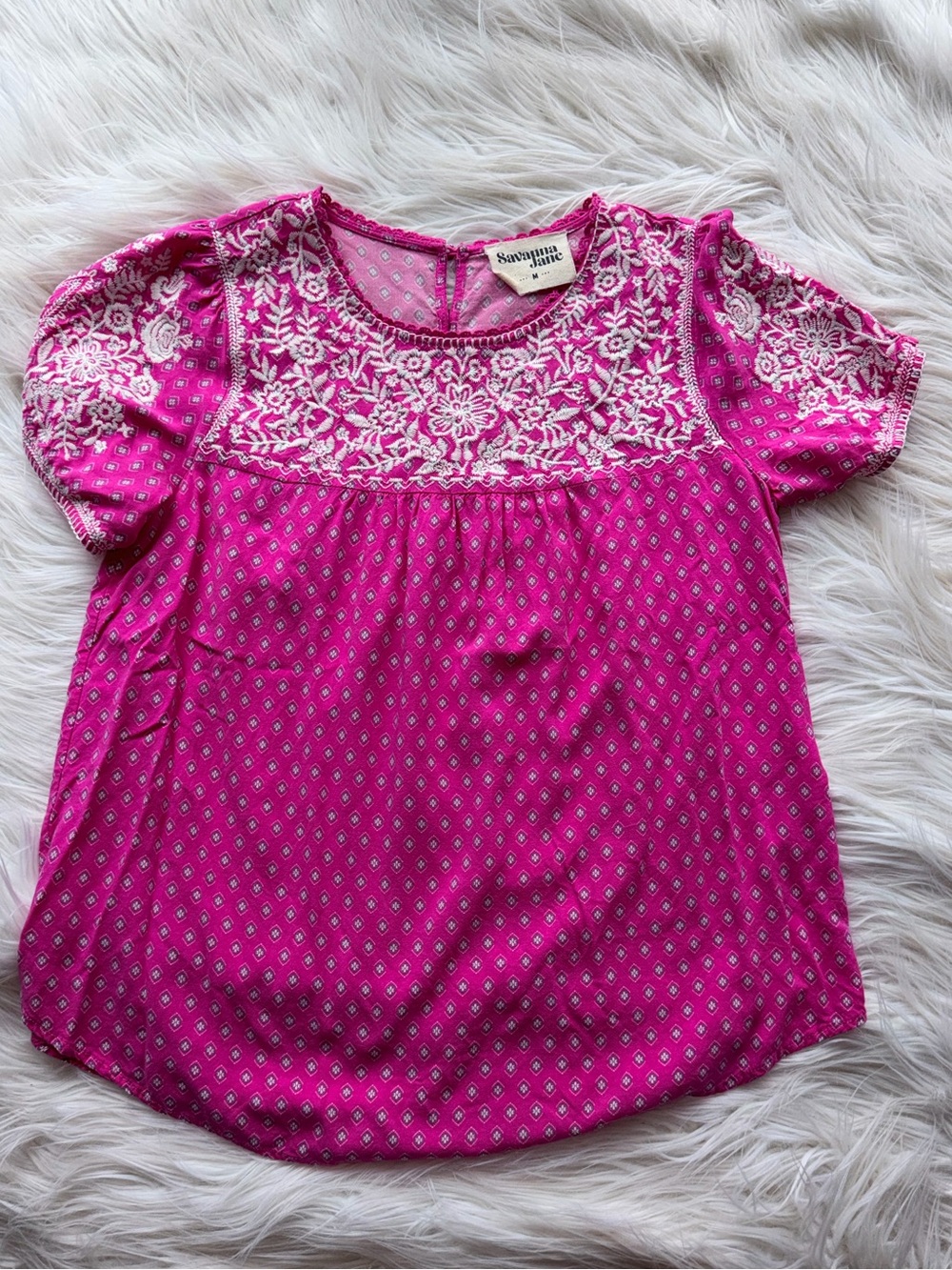 Savanna Jane Hot Pink Embroidered Floral Short Sleeve Blouse